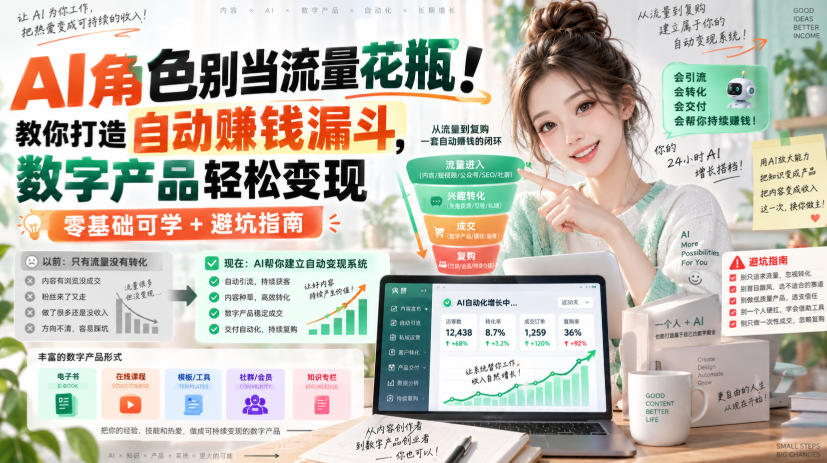 AI角色别当流量花瓶!教你打造自动賺钱漏斗,数字产品轻松变现(零基础可学+避坑指南)【原创双语字幕】-盈科项目资源网