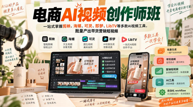 电商AI视频创作师班,一站式掌握剪映、海螺、可灵、即梦、LibTV等多款AI视频工具,批量产出带货营销短视频-摇钱树
