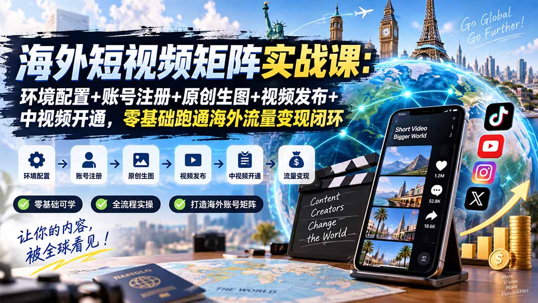 海外短视频矩阵实战课:环境配置+账号注册+原创生图+视频发布+中视频开通,零基础跑通海外流量变现闭环-聚豪云创