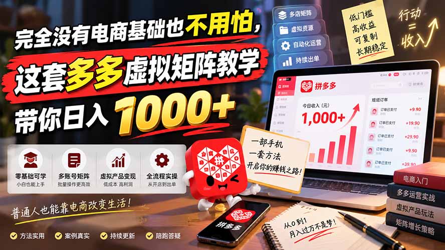 完全没有电商基础也不用怕,这套多多虚拟矩阵教学带你日入 1000+-摇钱树
