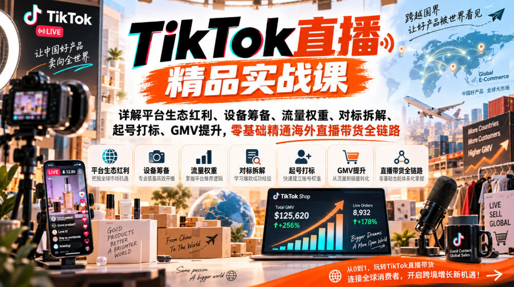 TikTok直播精品实战课,详解平台生态红利、设备筹备、流量权重、对标拆解、起号打标、GMV提升,零基础精通海外直播带货全链路-摇钱树