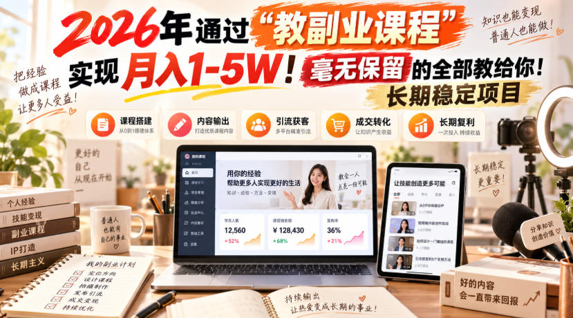 2026年通过“教副业课程”实现月入1-5W！毫无保留的全部教给你！长期稳定项目-摇钱树