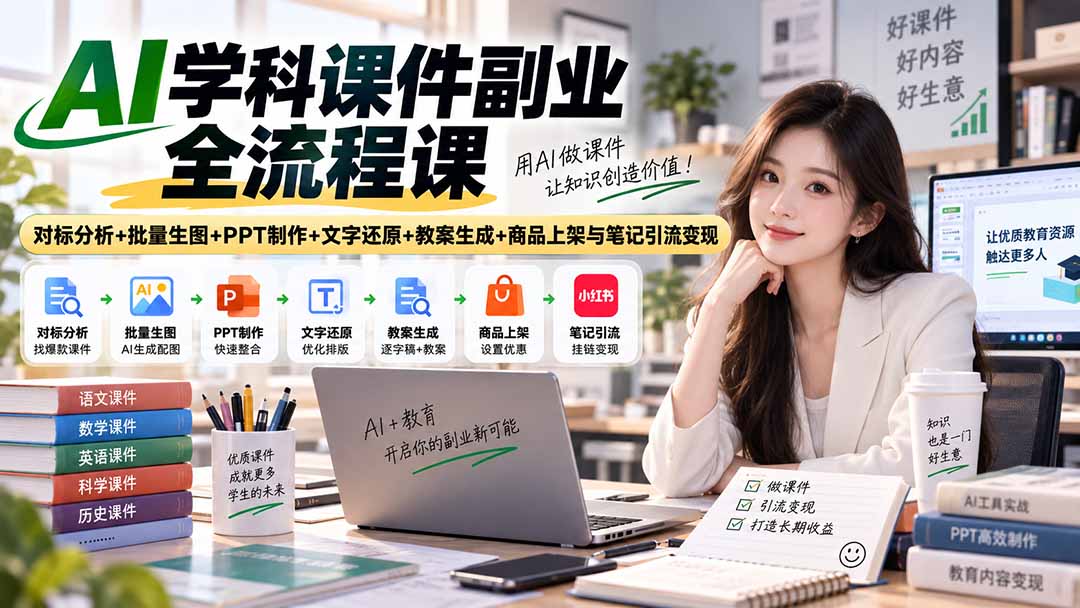 AI学科课件副业全流程课|对标分析+批量生图+PPT制作+文字还原+教案生成+商品上架与笔记引流变现-聚豪云创