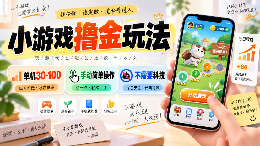 小游戏撸金玩法，单机30-100，手动简单操作，不需要科技-摇钱树
