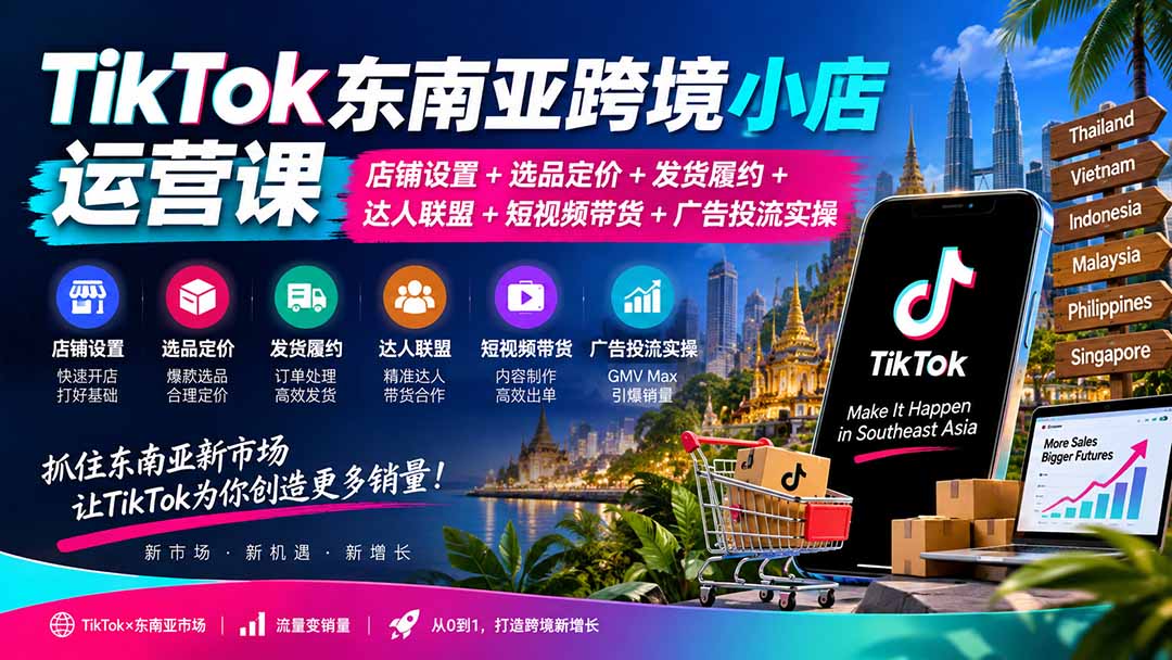TikTok东南亚跨境小店运营课:店铺设置+选品定价+发货履约+达人联盟+短视频带货+广告投流实操-摇钱树