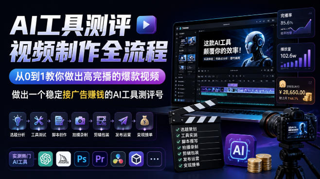 AI工具测评视频制作全流程,从0到1教你做出高完播的爆款视频,做出一个稳定接广告賺钱的AI工具测评号-摇钱树
