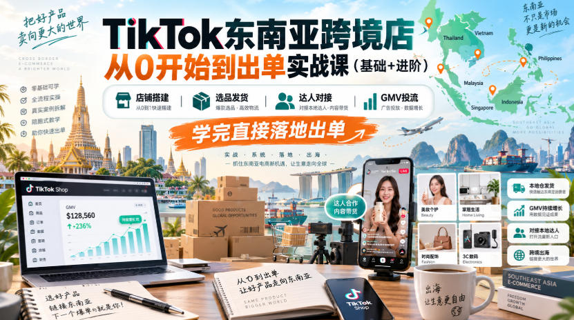 TikTok东南亚跨境店从0开始到出单实战课(基础+进阶),店铺搭建、选品发货、达人对接、GMV投流,学完直接落地出单-摇钱树