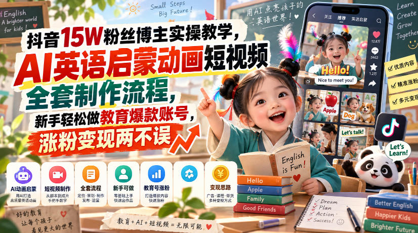 抖音15W粉丝博主实操教学，AI英语启蒙动画短视频全套制作流程，新手轻松做教育爆款账号，涨粉变现两不误-摇钱树