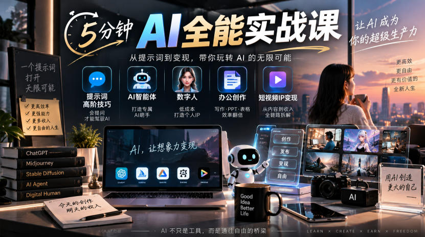 5分钟AI全能实战课|提示词高阶技巧+AI智能体+数字人+办公创作+短视频IP变现全教程-摇钱树