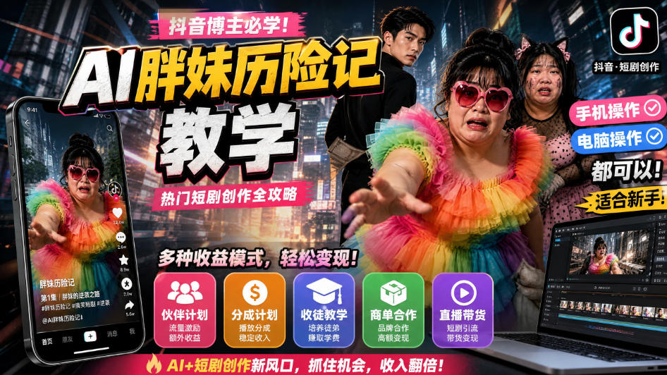抖音博主的AI胖妹历险记教学,伙伴计划+分成计划+收徒+商单等多种收益,适合新手,手机电脑都可以操作-摇钱树
