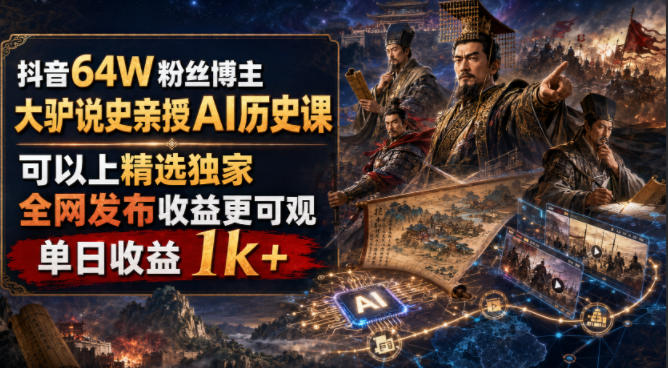 抖音64W粉丝博主大驴说史亲授AI历史课，可以上精选独家，全网发布收益更可观，单日收益1k+(更新)-摇钱树
