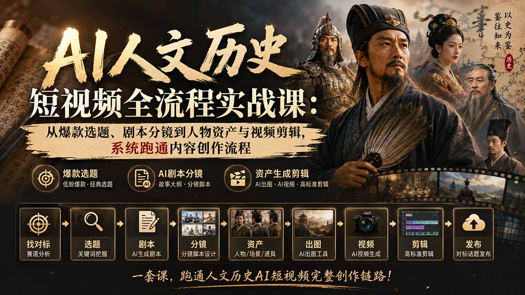 AI人文历史短视频全流程实战课-更新:从爆款选题、剧本分镜到人物资产与视频剪辑,系统跑通内容创作流程-盈科项目资源网