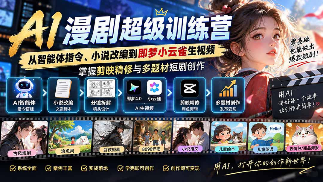 AI漫剧超级特训营:从智能体指令、小说改编到即梦小云雀生视频,掌握剪映精修与多题材短剧创作-摇钱树