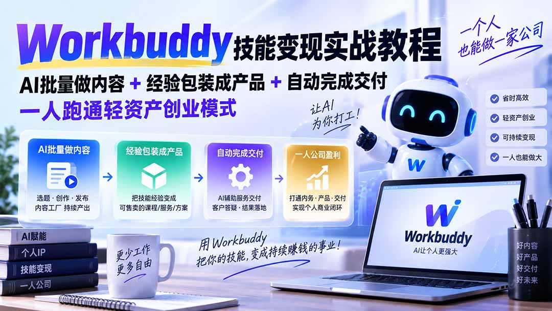 Workbuddy技能变现实战教程:AI批量做内容+经验包装成产品+自动完成交付,一人跑通轻资产创业模式-摇钱树