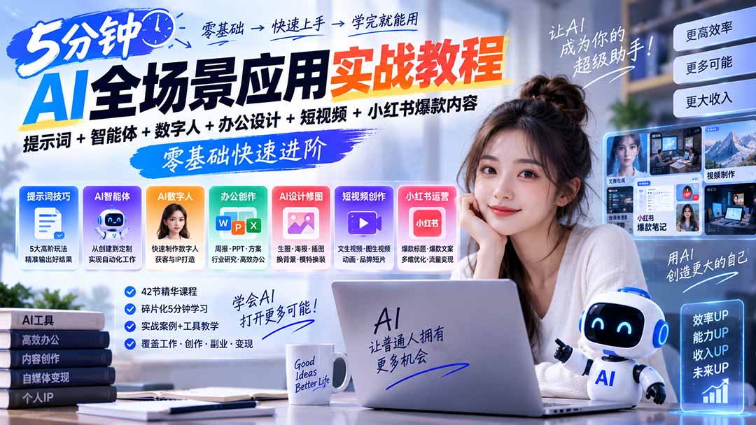 AI全场景应用实战教程|提示词+智能体+数字人+办公设计+短视频+小红书爆款内容,零基础快速进阶-摇钱树
