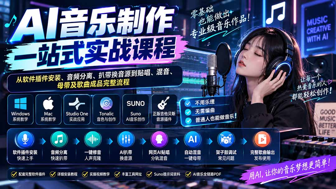 AI音乐制作一站式实战课程:从软件插件安装、音频分离、扒带换音源到贴唱、混音、母带及歌曲成品完整流程-摇钱树