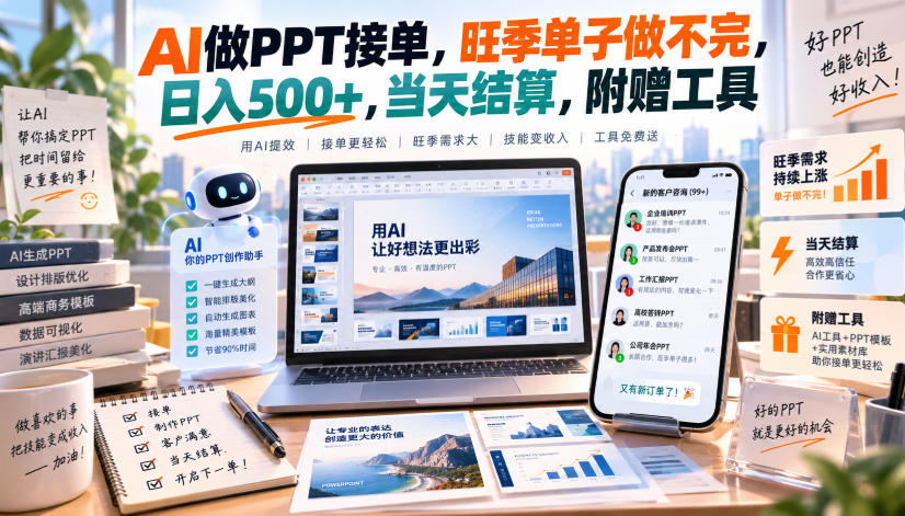 AI做PPT接单，旺季单子做不完，日入500+，当天结算，附赠工具【揭秘】-摇钱树