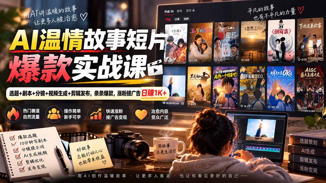 AI温情故事短片爆款实战课-更新|选题+剧本+分镜+视频生成+剪辑发布,条条爆款,涨粉接广告日赚1K+-盈科项目资源网
