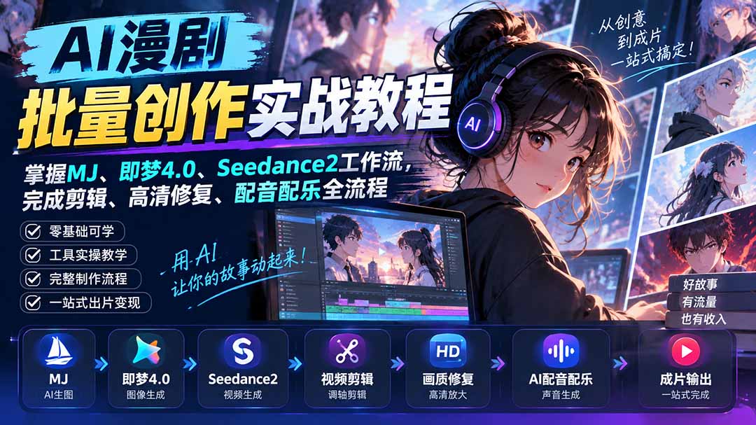 AI漫剧批量创作实战教程:掌握MJ、即梦4.0、Seedance2工作流,完成剪辑、高清修复、配音配乐全流程-摇钱树