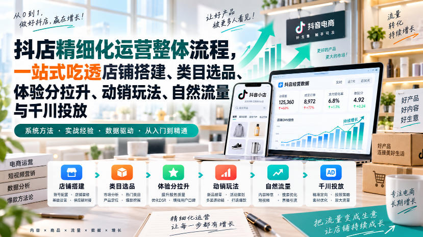 李哥电商-抖店精细化运营整体流程，一站式吃透店铺搭建、类目选品、体验分拉升、动销玩法、自然流量与千川投放-摇钱树