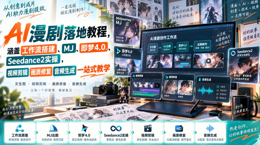 AI漫剧落地教程,涵盖工作流搭建、MJ、即梦4.0、Seedance2实操,视频剪辑画质修复音频生成一站式教学-摇钱树