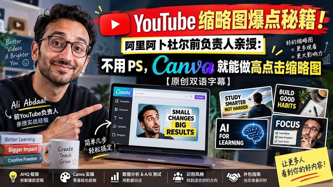 YouTube 缩略图爆点秘籍!阿里阿卜杜尔前负责人亲授:不用 PS,Canva 就能做高点击缩略图【原创双语字幕】-摇钱树