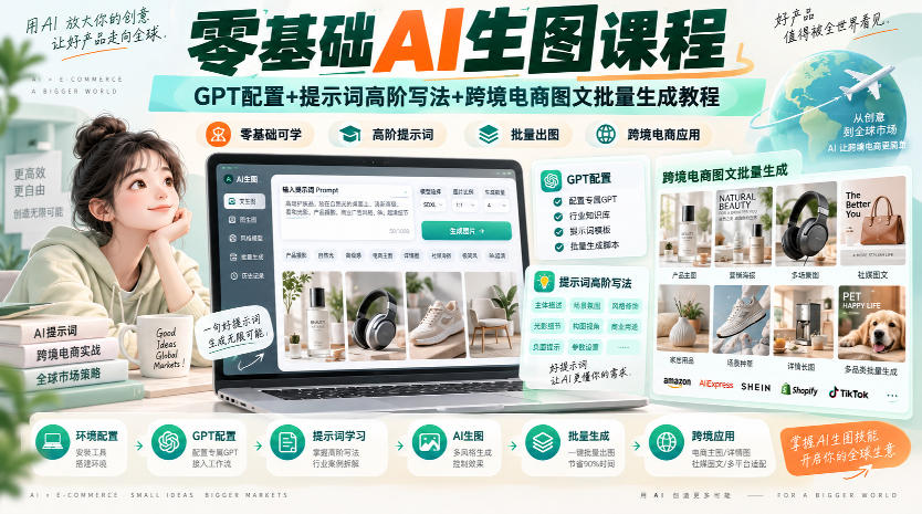 零基础AI生图课程,GPT配置+提示词高阶写法+跨境电商图文批量生成教程-摇钱树