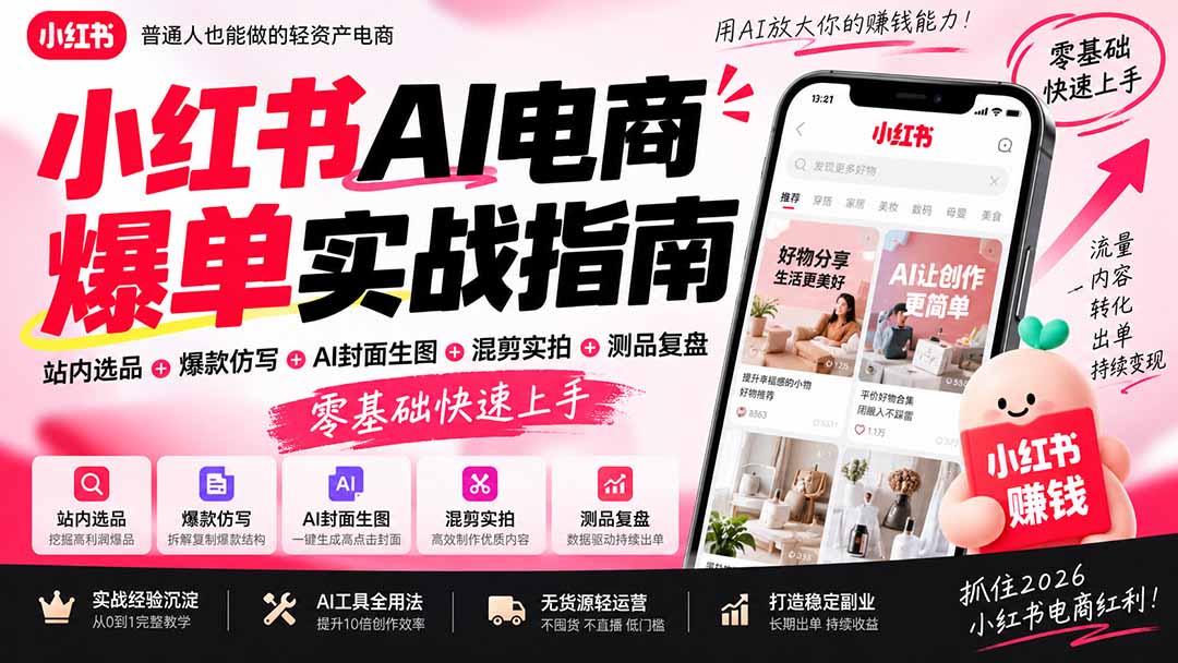 2026小红书AI电商爆单实战指南:站内选品+爆款仿写+AI封面生图+混剪实拍+测品复盘,零基础快速上手-摇钱树