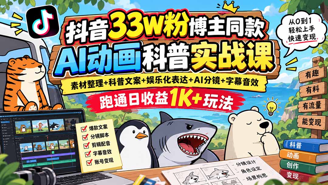 抖音33W粉博主同款AI动画科普实战课|素材整理+科普文案+娱乐化表达+AI分镜+字幕音效,跑通日收益1K+玩法-摇钱树