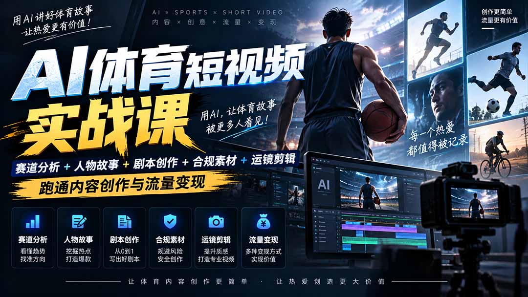 AI体育短视频赛道顶级玩法|赛道分析+人物故事+剧本创作+版权处理+运镜剪辑,跑通流量变现-日赚1K+-摇钱树