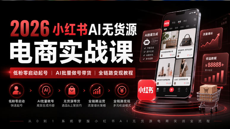 2026小红书AI无货源电商实战课｜低粉零启动起号｜AI批量做号带货全链路变现教程-摇钱树
