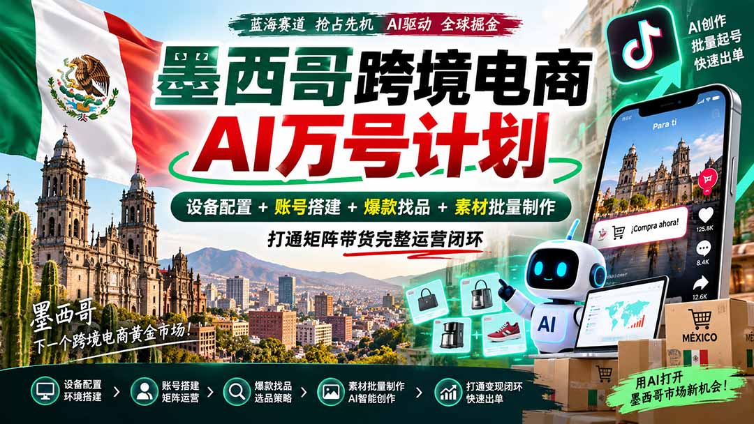墨西哥AI跨境电商万号计划|设备配置+账号搭建+爆款找品+素材批量制作,打通矩阵带货完整运营闭环-摇钱树
