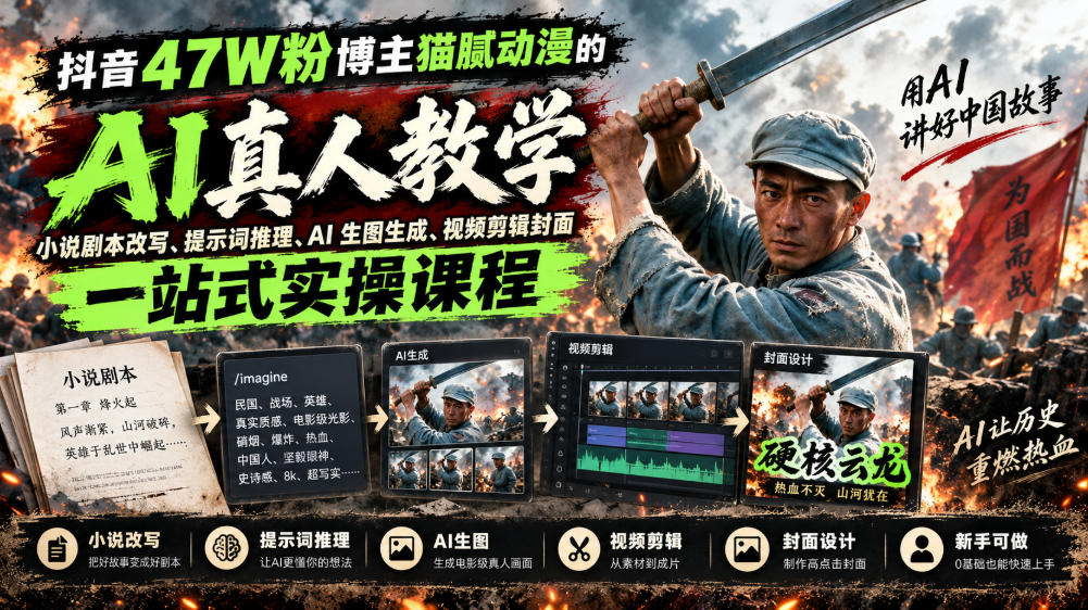抖音47W粉博主猫腻动漫的AI真人漫剧教学，小说剧本改写、提示词推理、AI生图生成、视频剪辑封面一站式实操课程-摇钱树