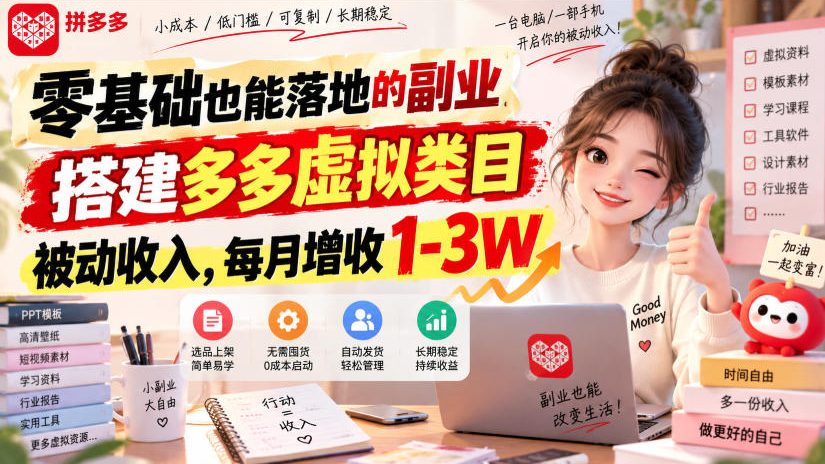 零基础也能落地的副业,搭建多多虚拟类目被动收入,每月增收1-3W【揭秘】-摇钱树