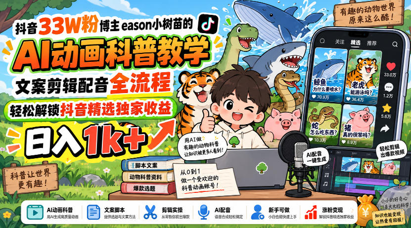 抖音33W粉博主eason小树苗的AI动画科普教学,文案剪辑配音全流程,轻松解锁抖音精选独家收益,日入1k+-摇钱树