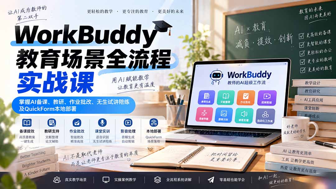 WorkBuddy教育场景全流程实战课:掌握AI备课、教研、作业批改、无生试讲陪练及QuickForm本地部署-摇钱树