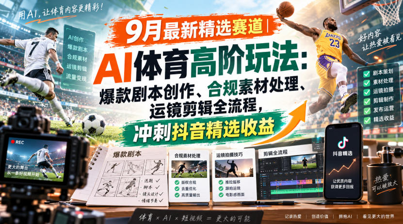 某大佬的9月最新精选赛道之AI体育顶级玩法,爆款剧本创作、版权规避、运镜剪辑全流程,稳拿抖音精选收益-摇钱树