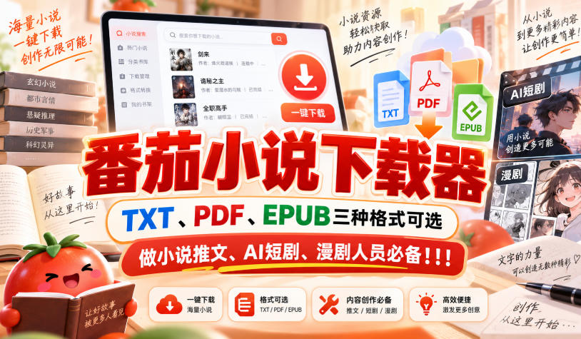 番茄小说下载器,TXT、PDF、EPUB三种格式可选,做小说推文、AI短剧、漫剧人员必备!!!-摇钱树