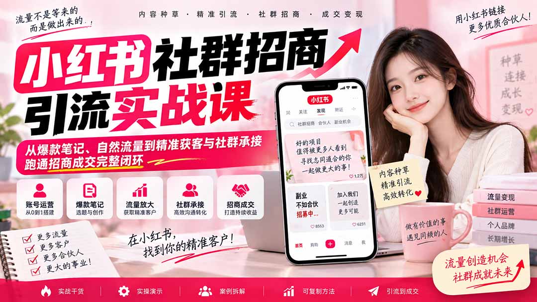 小红书社群招商引流实战课-无水印:从爆款笔记、自然流量到精准获客与社群承接,跑通招商成交完整闭环-摇钱树