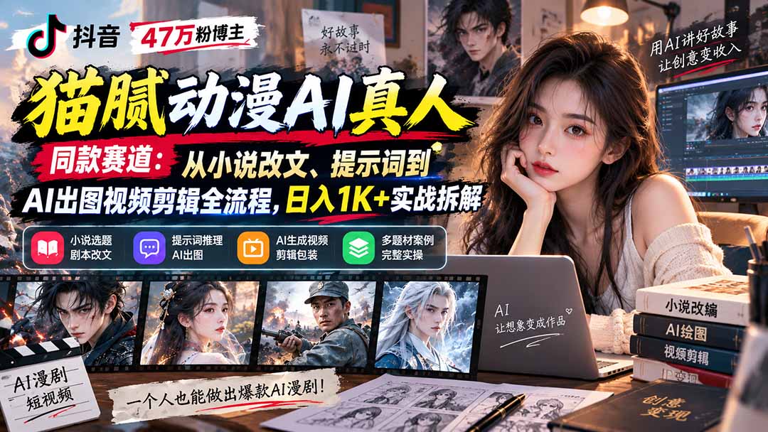 抖音47万粉博主猫腻动漫AI真人同款赛道:从小说改文、提示词到AI出图视频剪辑全流程,日入1K+实战拆解-项目站点