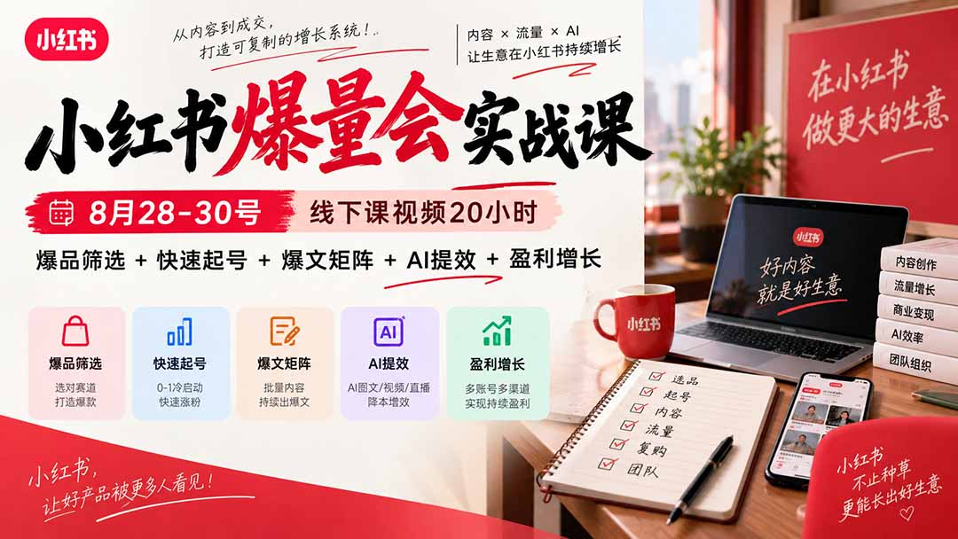 小红书爆量会实战课-更新9月17:线下课视频20小时,爆品筛选+快速起号+爆文矩阵+AI提效+盈利增长-项目站点