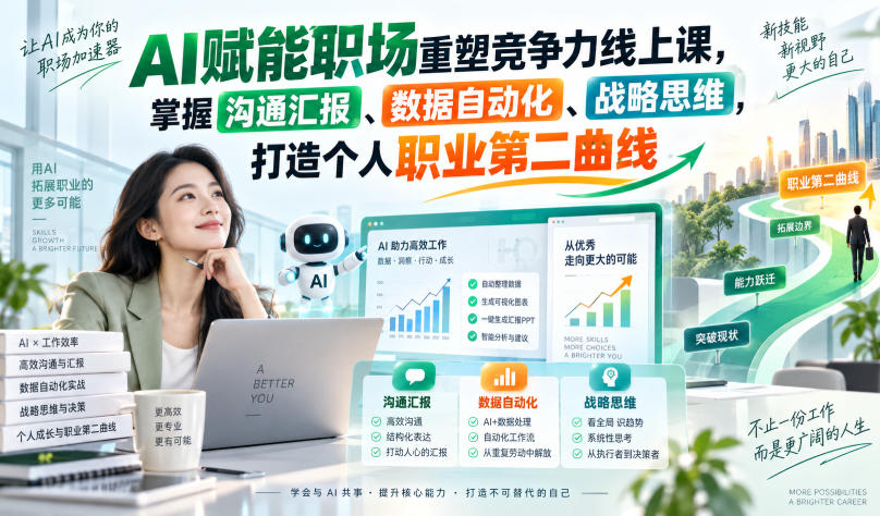AI赋能职场重塑竞争力线上课，掌握沟通汇报、数据自动化、战略思维，打造个人职业第二曲线-摇钱树