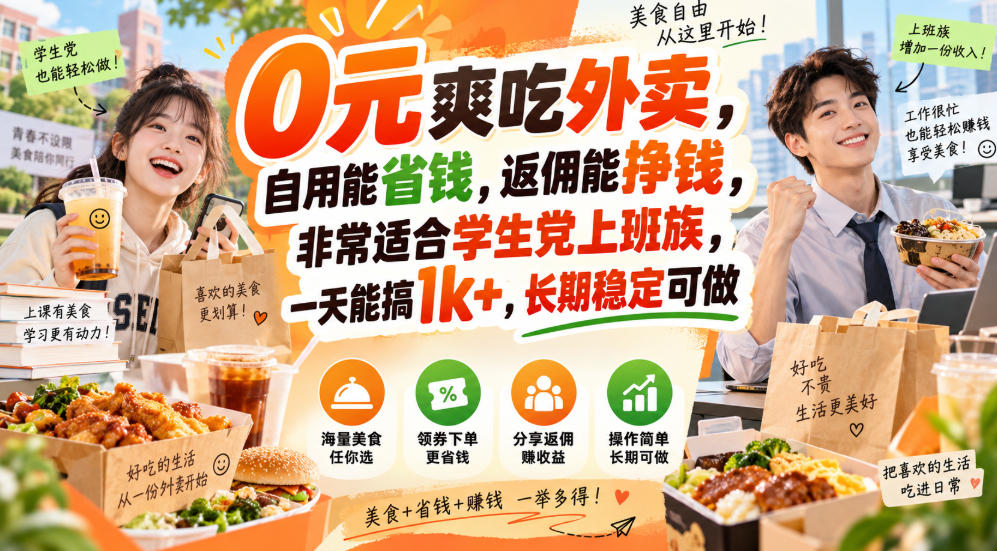 0元爽吃外卖,自用能省钱,返佣能挣钱,非常适合学生党上班族,一天能搞1k+,长期稳定可做-摇钱树