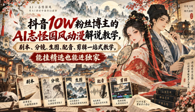 抖音10W粉丝博主满堂诡事的AI志怪国风动漫解说教学,剧本、分镜、生图、配音、剪辑一站式教学,能挂精选也能进独家-摇钱树