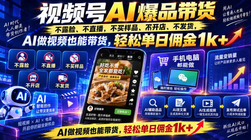 视频号Ai爆品带货,不露脸、不直播、不买样品、不开店、不发货,AI做视频也能带货,轻松单日佣金1k+-启盈社