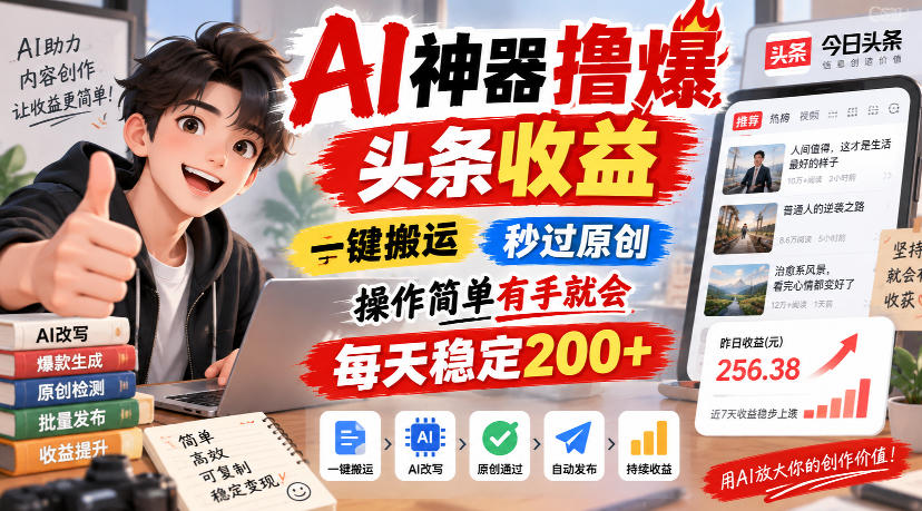 AI神器撸爆头条收益,一键搬运,秒过原创,操作简单有手就会,每天稳定200+【揭秘】-摇钱树