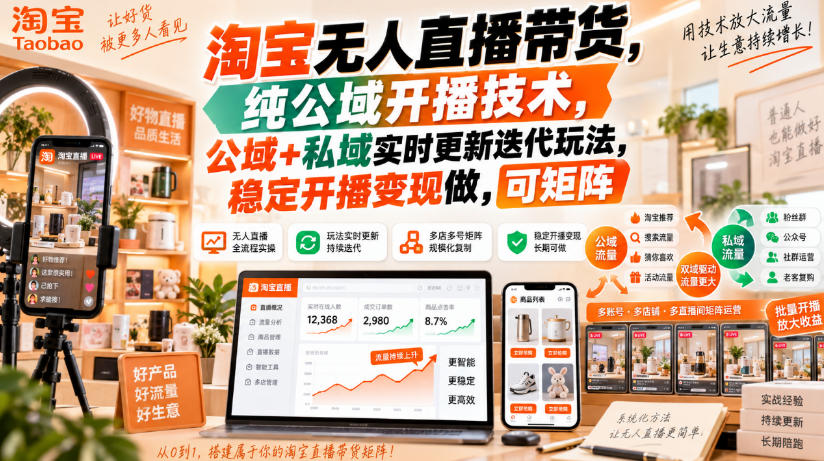 淘宝无人直播带货，纯公域开播技术，公域+私域实时更新迭代玩法，稳定开播变现做，可矩阵【揭秘】-摇钱树