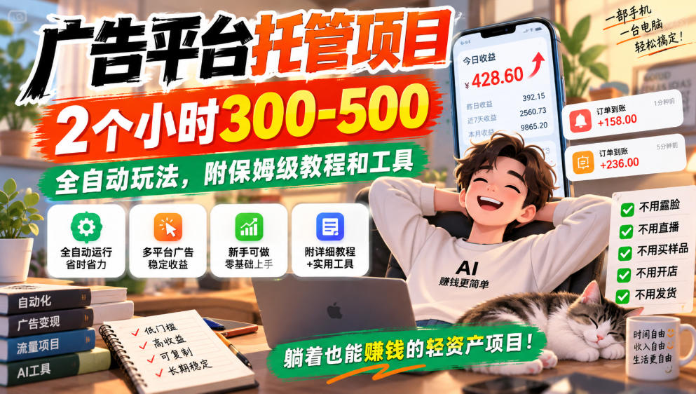 广告平台托管项目，2个小时300-500，全自动玩法，附保姆级教程和工具，小白照着就能做【揭秘】-摇钱树