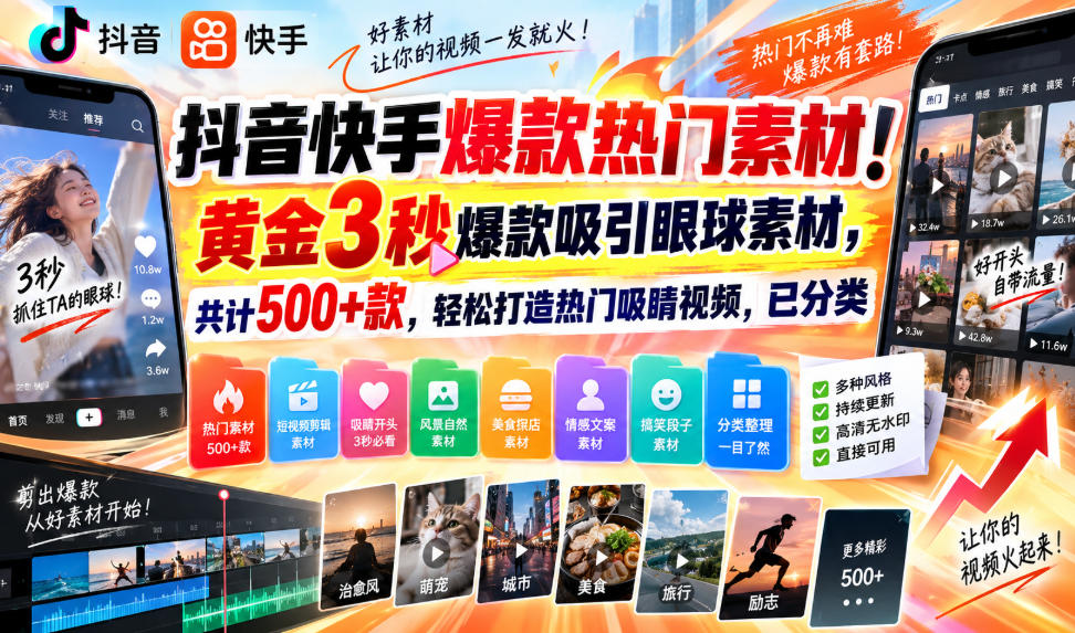 抖音快手爆款热门素材！黄金3秒爆款吸引眼球素材，共计500+款，轻松打造热门吸睛视频，已分类-摇钱树