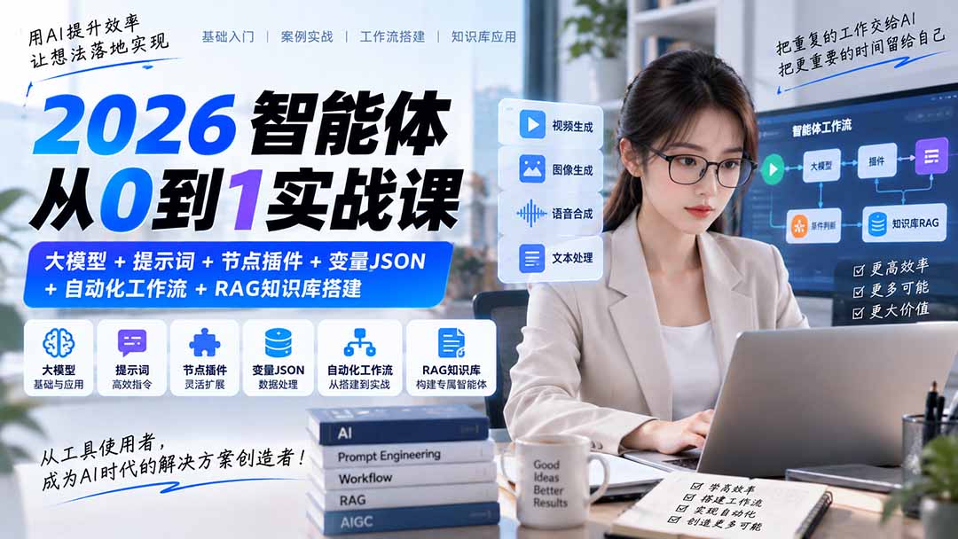 2026智能体从0到1实战课|大模型+提示词+节点插件+变量JSON+自动化工作流+RAG知识库搭建-摇钱树